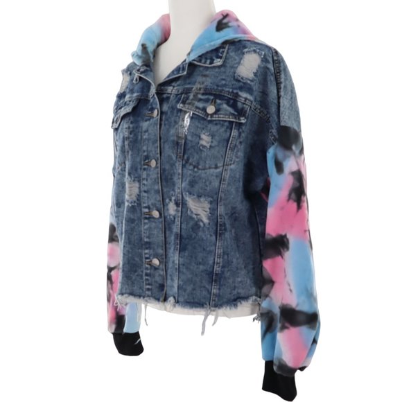 Thrill Jackets & Blazers - Thrill Womens Hooded Tie Dye Destroyed Denim Jacket Size 1X Y2k 90s 100% Cotton